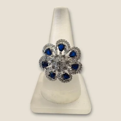 BEAUTIFUL 925 STERLING SILVER GIRLISH COKTAIL RING WITH ZIRCONS & BLUE STONES | SLR638 BEAUTIFUL 925 STERLING SILVER GIRLISH COKTAIL RING WITH ZIRCONS & BLUE STONES | SLR638