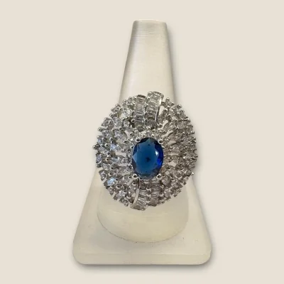 BEAUTIFUL 925 STERLING SILVER GIRLISH COKTAIL RING WITH ZIRCONS & BLUE STONE | SLR637 BEAUTIFUL 925 STERLING SILVER GIRLISH COKTAIL RING WITH ZIRCONS & BLUE STONE | SLR637
