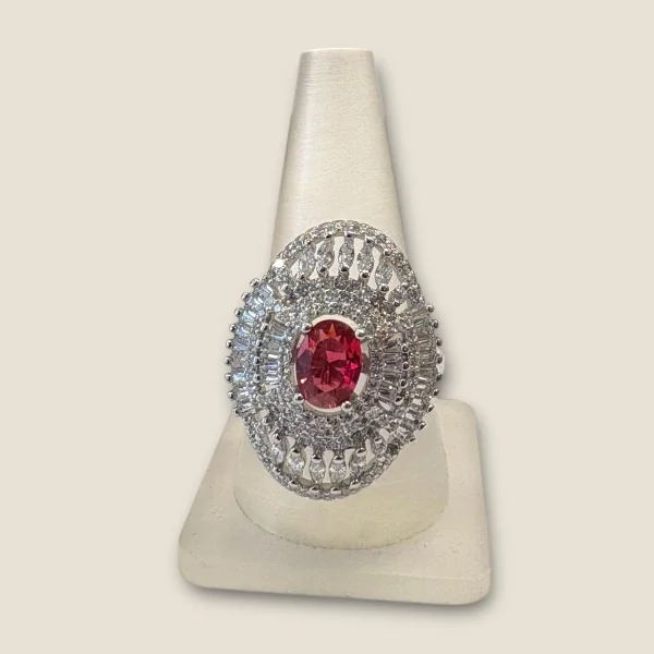 BEAUTIFUL 925 STERLING SILVER GIRLISH COKTAIL RING WITH ZIRCONS & RED STONE | SLR640