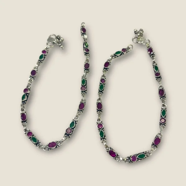 BEAUTIFUL 925 STERLING SILVER GIRLIS ANKLETS WITH LOVELY PINK & GREEN STONE | SPY431