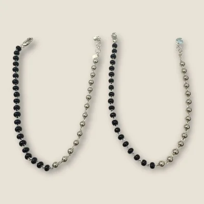925 Sterling Silver Anklets with Black Beads | Girl's Silver Ankle Jewelry