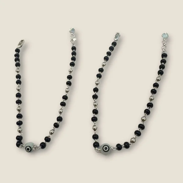 BEAUTIFUL 925 STERLING GIRLISH SILVER ANKLETS WITH BLACK BEADS | SPY 455