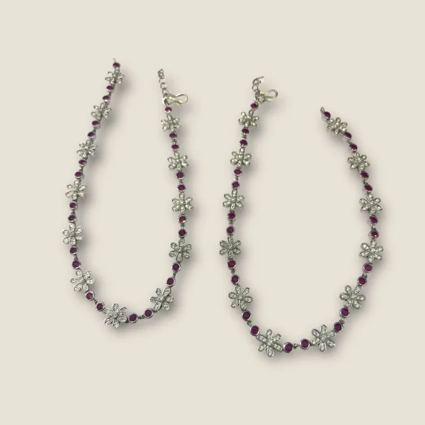 BEAUTIFUL 925 STERLING SILVER GIRLISH ANKLETS WITH PINK STONES & LOVELY FLOWER DESIGN | SPY494