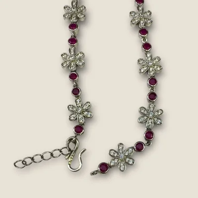 BEAUTIFUL 925 STERLING SILVER GIRLISH ANKLETS WITH PINK STONES & LOVELY FLOWER DESIGN | SPY494