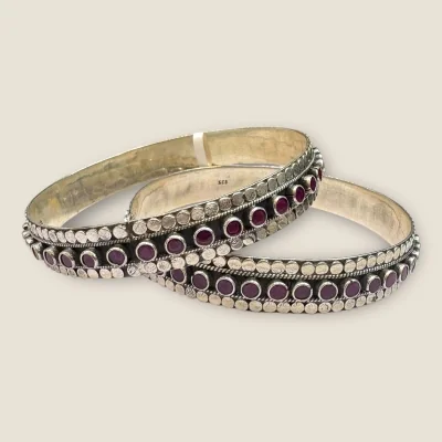 BEAUTIFUL 925 STERLING SILVER KARA PAIR WITH LOVELY DESIGN & PINK STONES | SK352