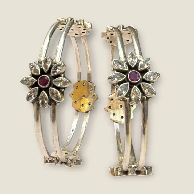 925 Sterling Silver Kara Pair with Flower Design & Pink Stones | SK248 Silver Bangles