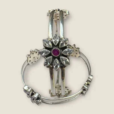 925 Sterling Silver Kara Pair with Flower Design & Pink Stones | SK248 Silver Bangles