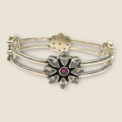925 Sterling Silver Kara Pair with Flower Design & Pink Stones | SK248 Silver Bangles