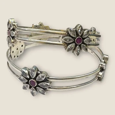 925 Sterling Silver Kara Pair with Flower Design & Pink Stones | SK248 Silver Bangles