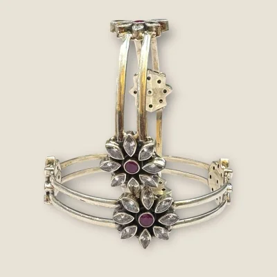 925 Sterling Silver Kara Pair with Flower Design & Pink Stones | SK248 Silver Bangles