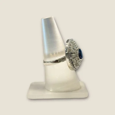 BEAUTIFUL 925 STERLING SILVER GIRLISH COKTAIL RING WITH LOVELY ZIRCONS & BLUE STONE | SLR729