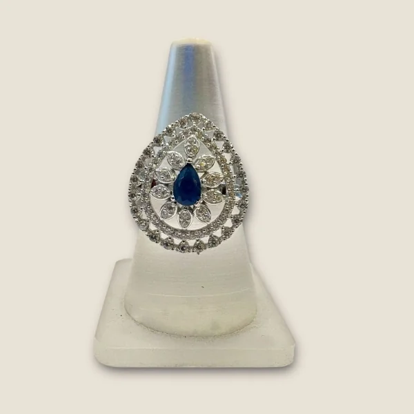 BEAUTIFUL 925 STERLING SILVER GIRLISH COKTAIL RING WITH LOVELY ZIRCONS & BLUE STONE | SLR729