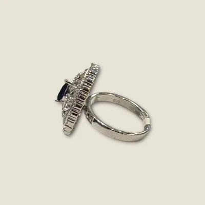 BEAUTIFUL 925 STERLING SILVER GIRLISH COKTAIL RING WITH LOVELY ZIRCONS & BLUE STONE | SLR729