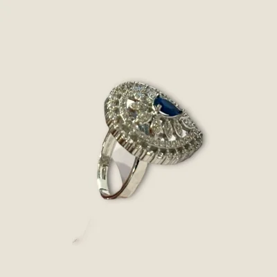 BEAUTIFUL 925 STERLING SILVER GIRLISH COKTAIL RING WITH LOVELY ZIRCONS & BLUE STONE | SLR729