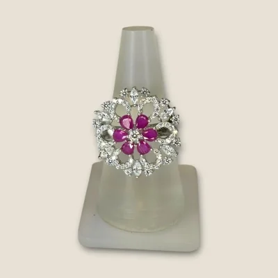 BEAUTIFUL 925 STERLING SILVER GIRLISH COKTAIL RING WITH PINK STONES & ZIRCONS | SLR741