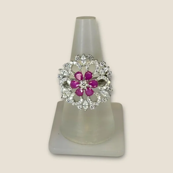 BEAUTIFUL 925 STERLING SILVER GIRLISH COKTAIL RING WITH PINK STONES & ZIRCONS | SLR741