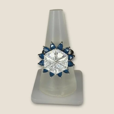 BEAUTIFUL 925 STERLING SILVER GIRLISH COKTAIL RING WITH BLUE STONES , ZIRCONS & LOVELY UNIQUE DESIGN | SLR747