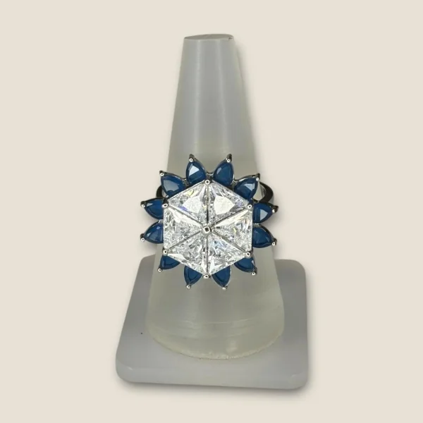 BEAUTIFUL 925 STERLING SILVER GIRLISH COKTAIL RING WITH BLUE STONES , ZIRCONS & LOVELY UNIQUE DESIGN | SLR747