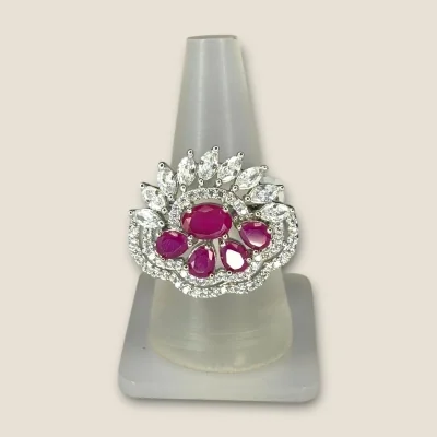 BEAUTIFUL 925 STERLING SILVER GIRLISH COKTAIL RING WITH ZIRCONS & PINK STONES | SLR749