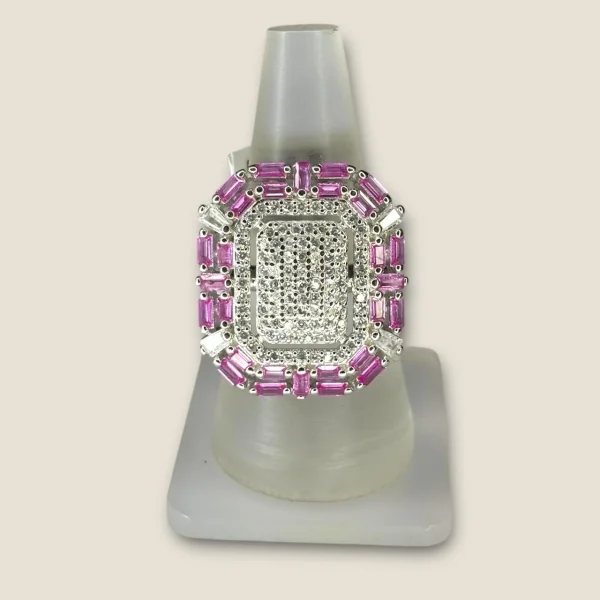 BEAUTIFUL 925 STERLING SILVER GIRLISH COKTAIL RING WITH PINK STONES & LOVELY ZERCONS | SLR759