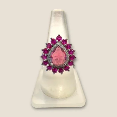 BEAUTIFUL STERLING SILVER GIRLISH COKTAIL RING WITH LOVELY PINK STONS & ZIRCONS | SLR751