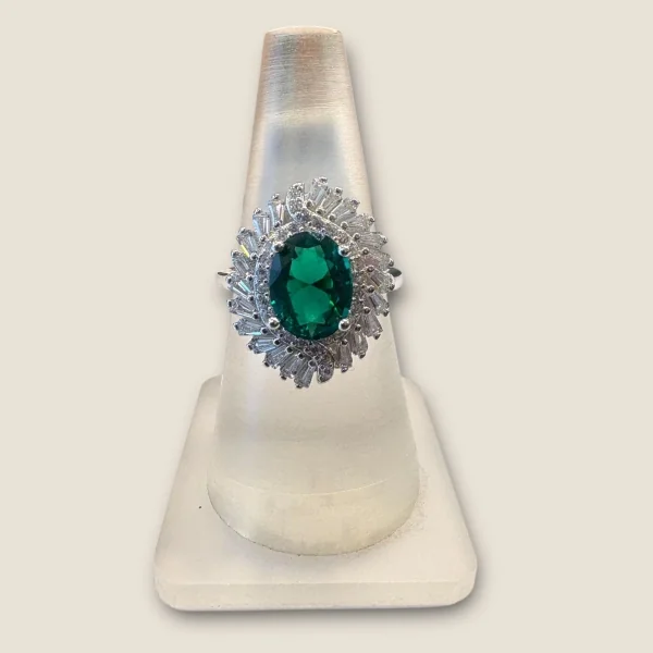 BEAUTIFUL STERLING SILVER GIRLISH COKTAIL RING WITH GREEN STONE & ZIRCONS | SLR906