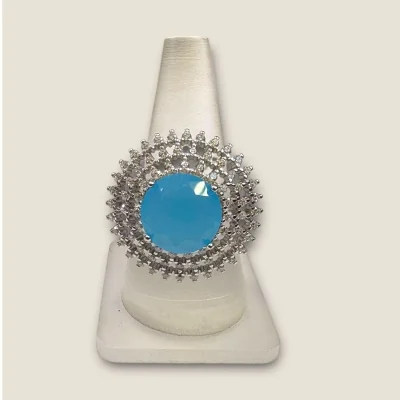 BEAUTIFUL STERLING SILVER RING WITH BLUE STONE & LOVELY ZIRCONS | SLR841