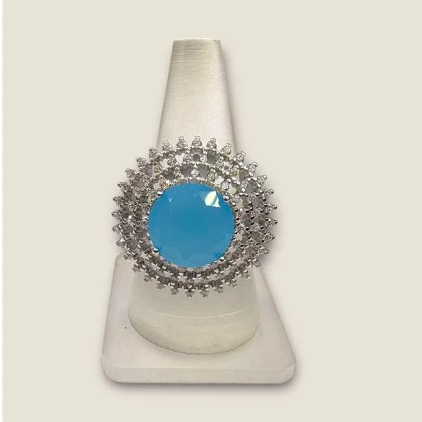 BEAUTIFUL STERLING SILVER RING WITH BLUE STONE & LOVELY ZIRCONS | SLR841