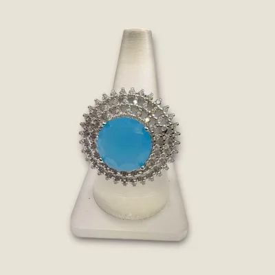 BEAUTIFUL STERLING SILVER RING WITH BLUE STONE & LOVELY ZIRCONS | SLR841