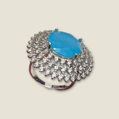 BEAUTIFUL STERLING SILVER RING WITH BLUE STONE & LOVELY ZIRCONS | SLR841