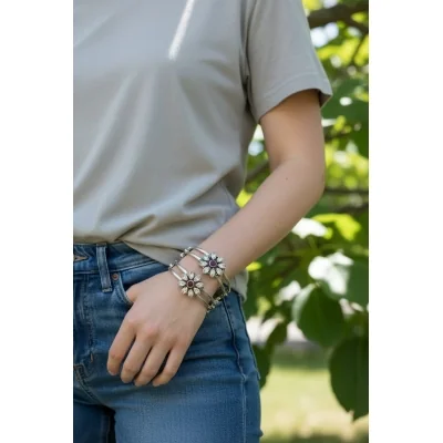 925 Sterling Silver Kara Pair with Flower Design & Pink Stones | SK248 Silver Bangles