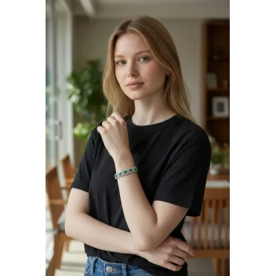 925 Sterling Silver Green Stone Bangle | SK116 - 21.340g Silver Bangles