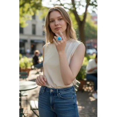 BEAUTIFUL STERLING SILVER RING WITH BLUE STONE & LOVELY ZIRCONS | SLR841