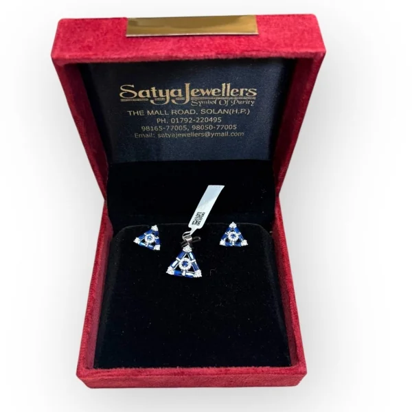 BEAUTIFUL STERLING SILVER PENDENT SET IN TRIANGLE SHAPE WITH BLUE STONES | SPS37