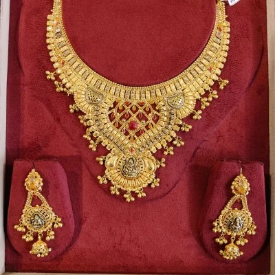 BEAUTIFUL 916 HUID HALLMARK GOLD NECKLACE WITH EARINGS IN TEMPLE ART | ST76