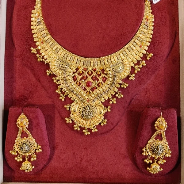 BEAUTIFUL 916 HUID HALLMARK GOLD NECKLACE WITH EARINGS IN TEMPLE ART | ST76