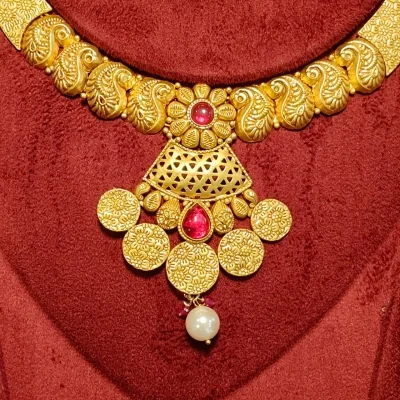 BEAUTIFUL 916 HUID HALLMARK ANTIQUE GOLD NECKLACE WITH EARINGS & LOVELY STONES | ST564 BEAUTIFUL 916 HUID HALLMARK ANTIQUE GOLD NECKLACE WITH EARINGS & LOVELY STONES | ST564