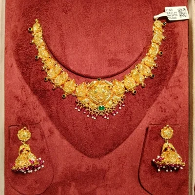 BEAUTIFUL 22CT 916 HUID HALLMARK GOLD NECKLACE WITH EARINGS WITH LOVEY STONES | ST925