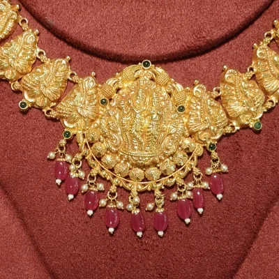 BEAUTIFUL 22CT 916 HUID HALLMARK GOLD NACKLACE IN ANTIQUE TEMPLE ART WITH LOVELY STONES | ZST87 BEAUTIFUL 22CT 916 HUID HALLMARK GOLD NACKLACE IN ANTIQUE TEMPLE ART WITH LOVELY STONES | ZST87