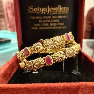 BEAUTIFUL 22CT 916 HUID HALLMARK GOLD BANGLES WITH UNIQUE DESIGN & LOVELY PINK STONES| KA198