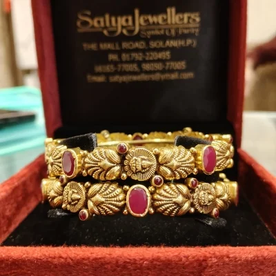 BEAUTIFUL 22CT 916 HUID HALLMARK GOLD BANGLES WITH UNIQUE DESIGN & LOVELY PINK STONES| KA198