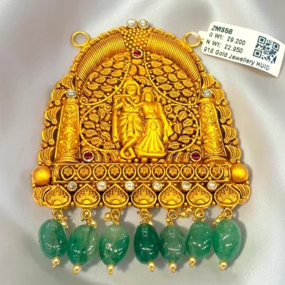 916 HUID HALLMARK GOLD ETERNAL RADHA KRISHAN MANGALSUTRA PENDANT WITH GREEN STONES | ZMS58