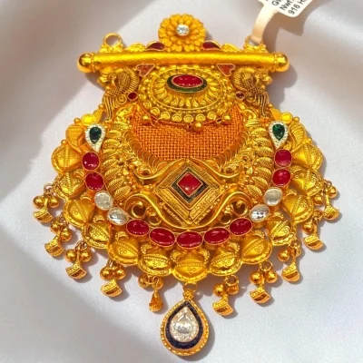 BEAUTIFUL 22CT 916 HUID HALLMARK GOLD ANTIQUE MANGALSUTRA PENDANT WITH RED AND GREEN STONES | MS1136