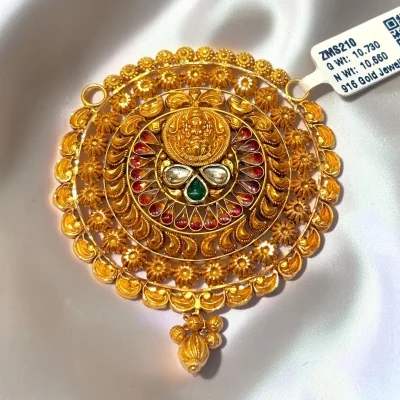 BEAUTIFUL 22CT 916 HUID HALLMARK GOLD MANGALSUTRA PENDENT IN TAMPLE ART WITH LOVELY GREEN STONE OR KUNDANS | ZMS210