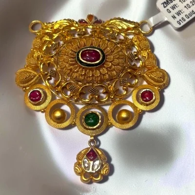 BEAUTIFUL 22CT 916 HUID HALLMARK GOLD MANGALSUTRA PENDENT WITH UNIQUE DESIGN & LOVELY RED OR GREEN STONES | ZMS94