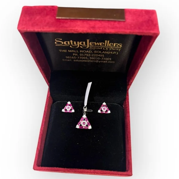 BEAUTIFUL STERLING SILVER PENDENT SET IN TRIANGLE SHAPE WITH PINK STONE | SPS71