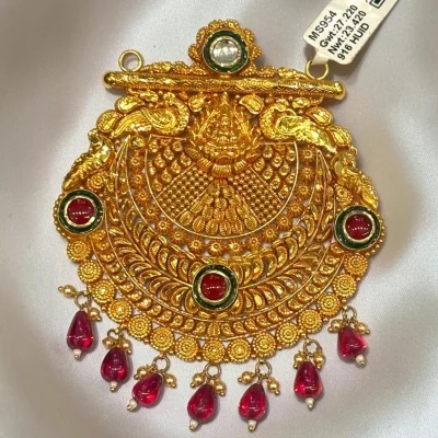 BEAUFITUL 22CT 916 HUID HALLMARK GOLD MANGALSUTRA PENDANT IN TEMPLE ART AND LOELY PINK STONES | MS954