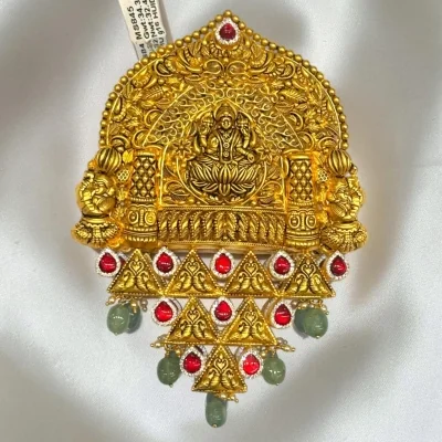 BEAUFITUL 22CT 916 HUID HALLMARK GOLD MANGALSUTRA PENDANT IN TEMPLE ART WITH GREEN AND PINK STONES | MS845