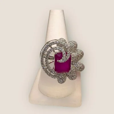 BEAUTIFUL STERLING SILVER LADIES COKTAIL RING WITH PINK STONE & ZIRCONS | SLR280