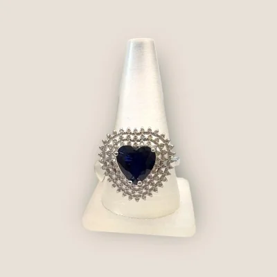 STERLING SILVER LADIES RING IN HEART SHAPE WITH BLUE STONE & ZIRCONS | SLR463